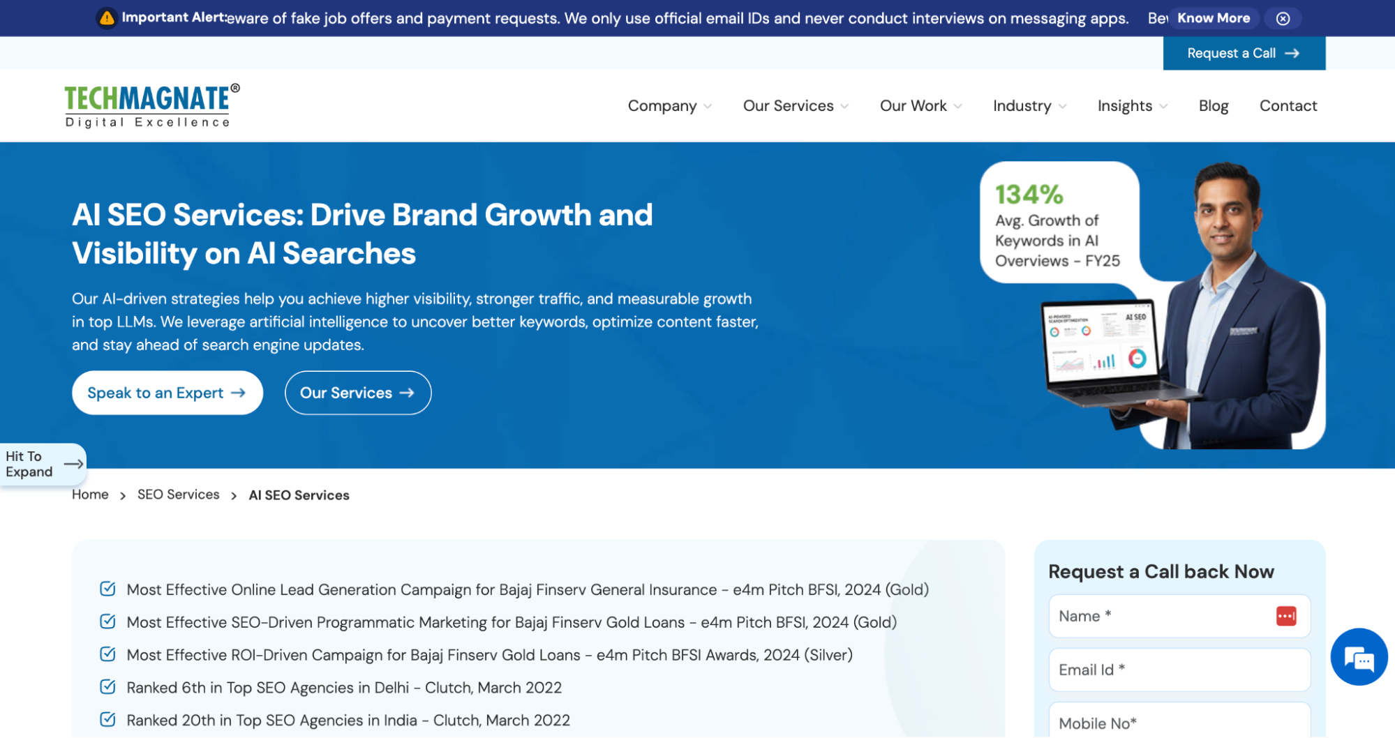 Techmagnate's homepage showing AI SEO, digital marketing, and enterprise search optimization services.