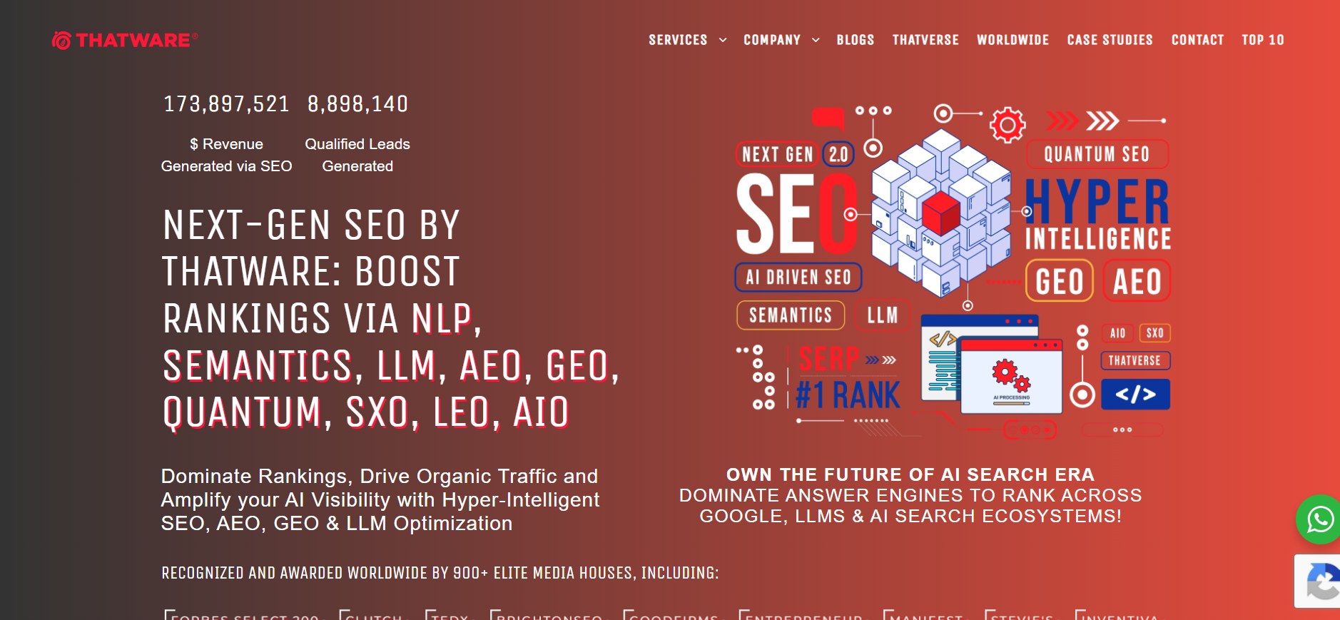 THATWARE homepage showing AI SEO, generative engine optimization, and advanced digital marketing services.