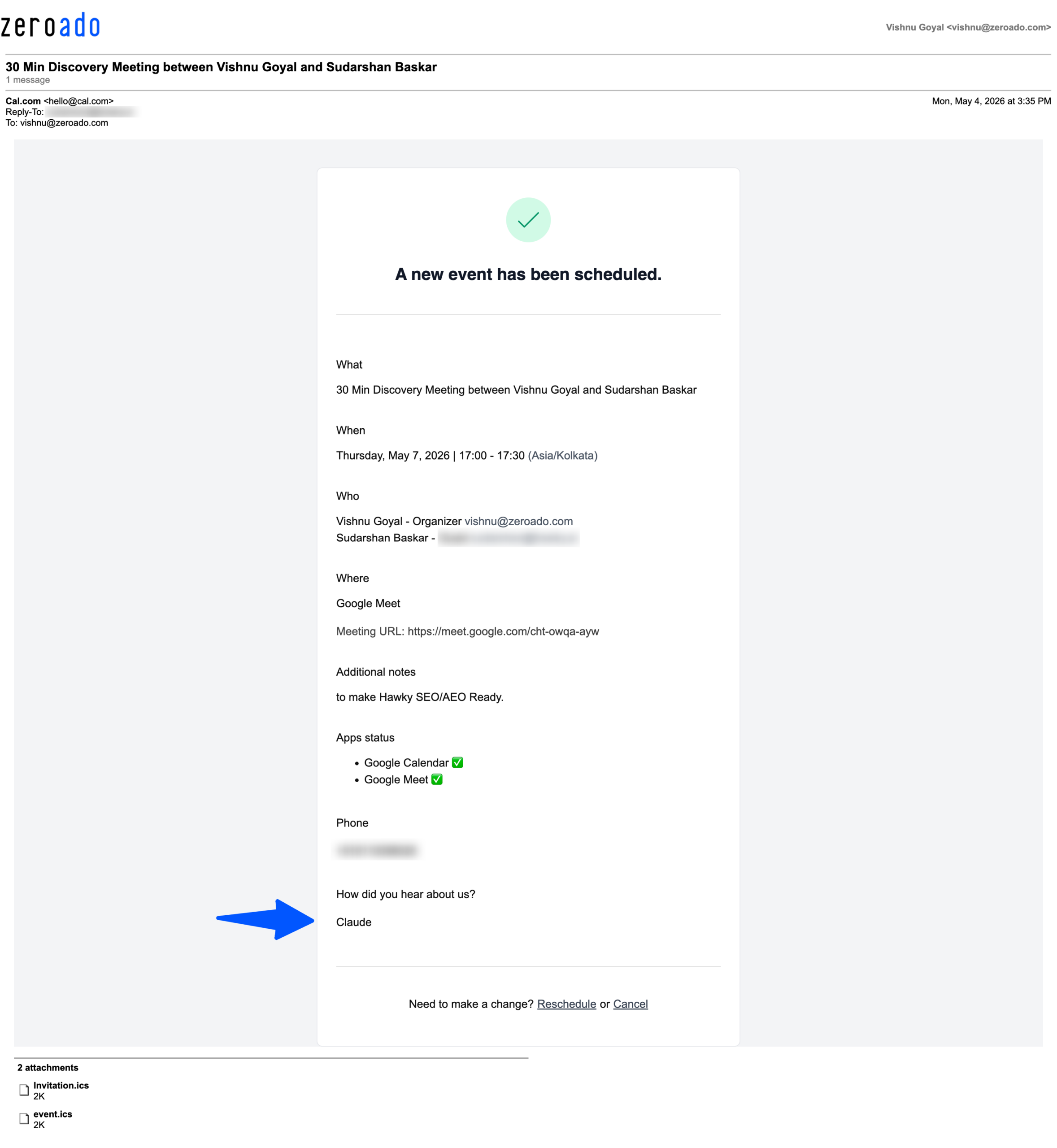Discovery meeting booked with ZeroAdo where the prospect discovered the agency through Claude AI.