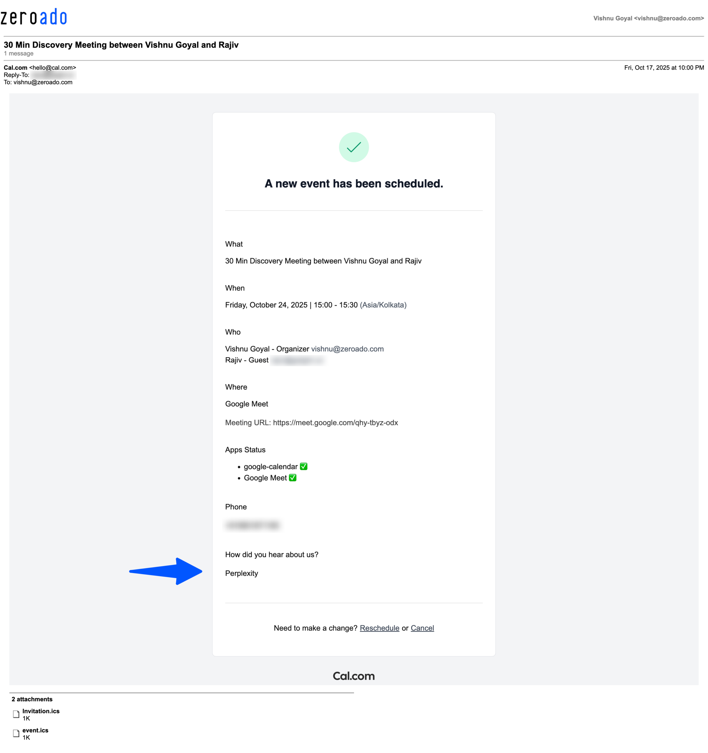 Discovery meeting booked with ZeroAdo where the prospect discovered the agency through Perplexity AI.