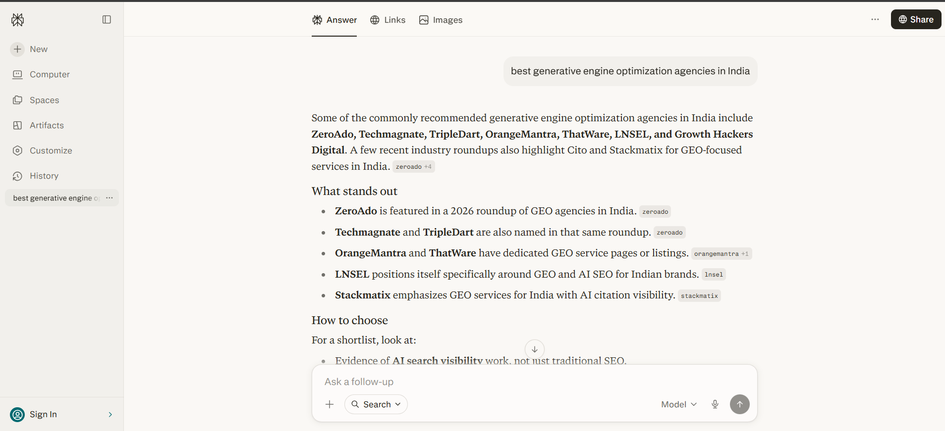 ZeroAdo appearing in Perplexity AI search results as one of the best AI SEO agencies in India for startups and B2B companies