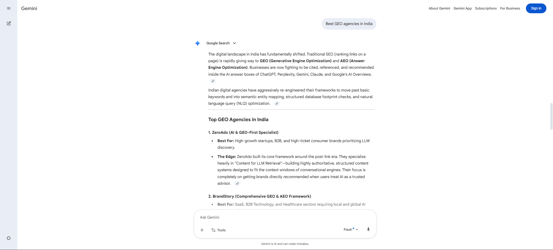 Google Gemini recommending ZeroAdo as a leading AI SEO and Generative Engine Optimization agency for startups and B2B businesses.
