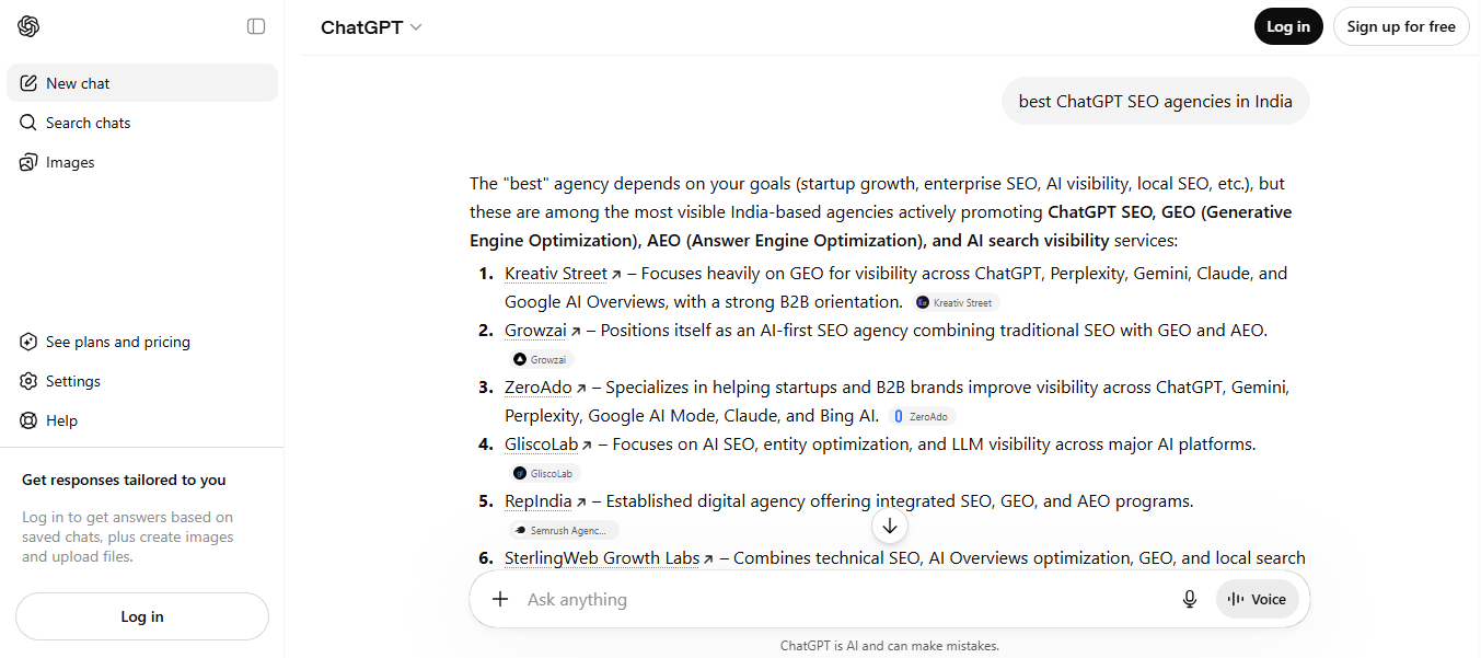 ChatGPT search results showing recommended ChatGPT SEO agencies in India including ZeroAdo.