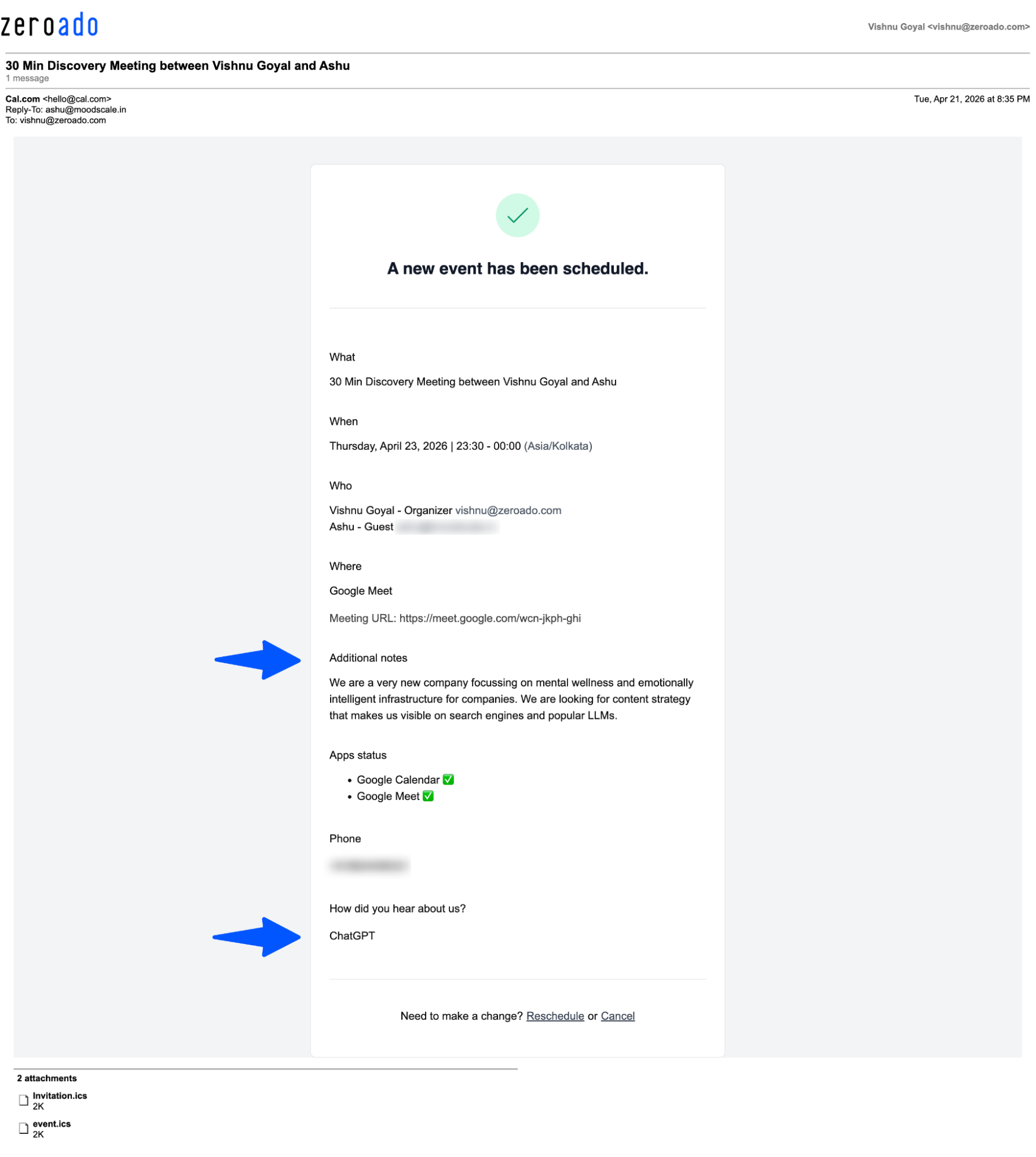 Discovery call generated through ChatGPT for ZeroAdo.