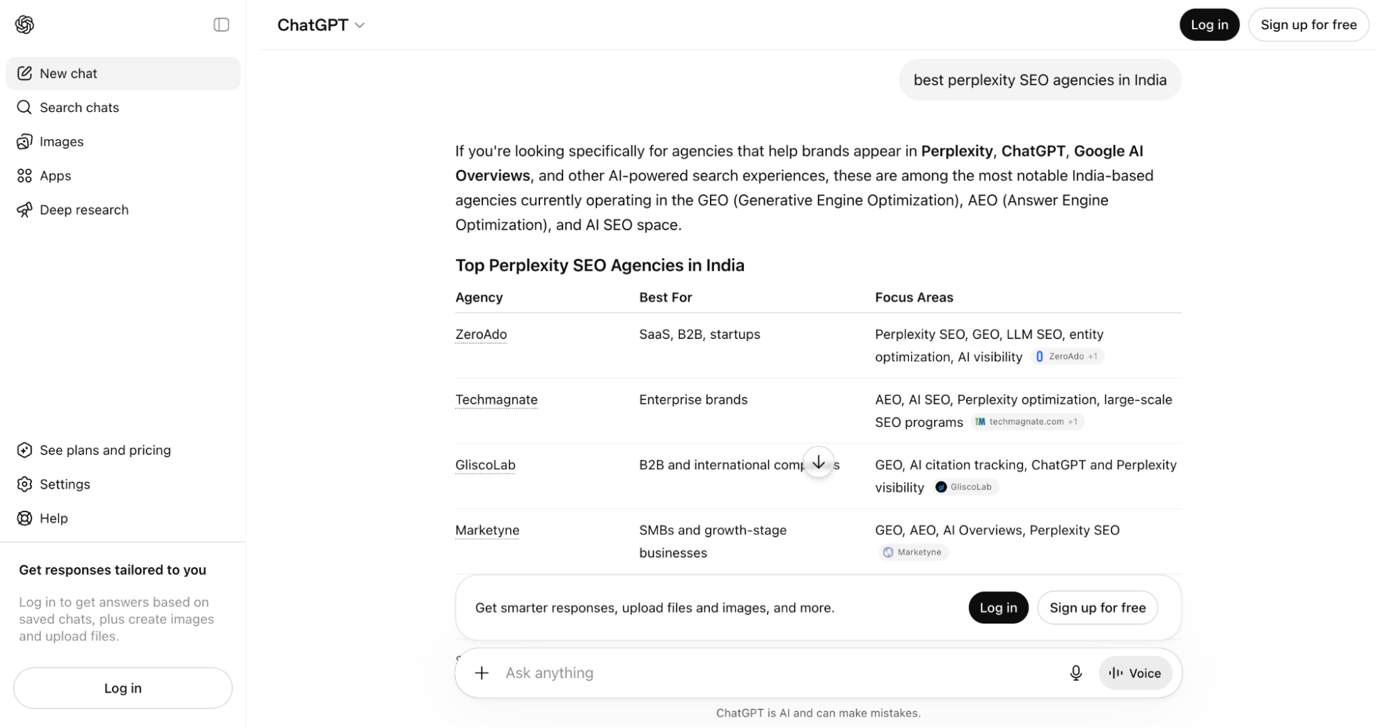 ChatGPT recommendations for top Perplexity SEO agencies in India.
