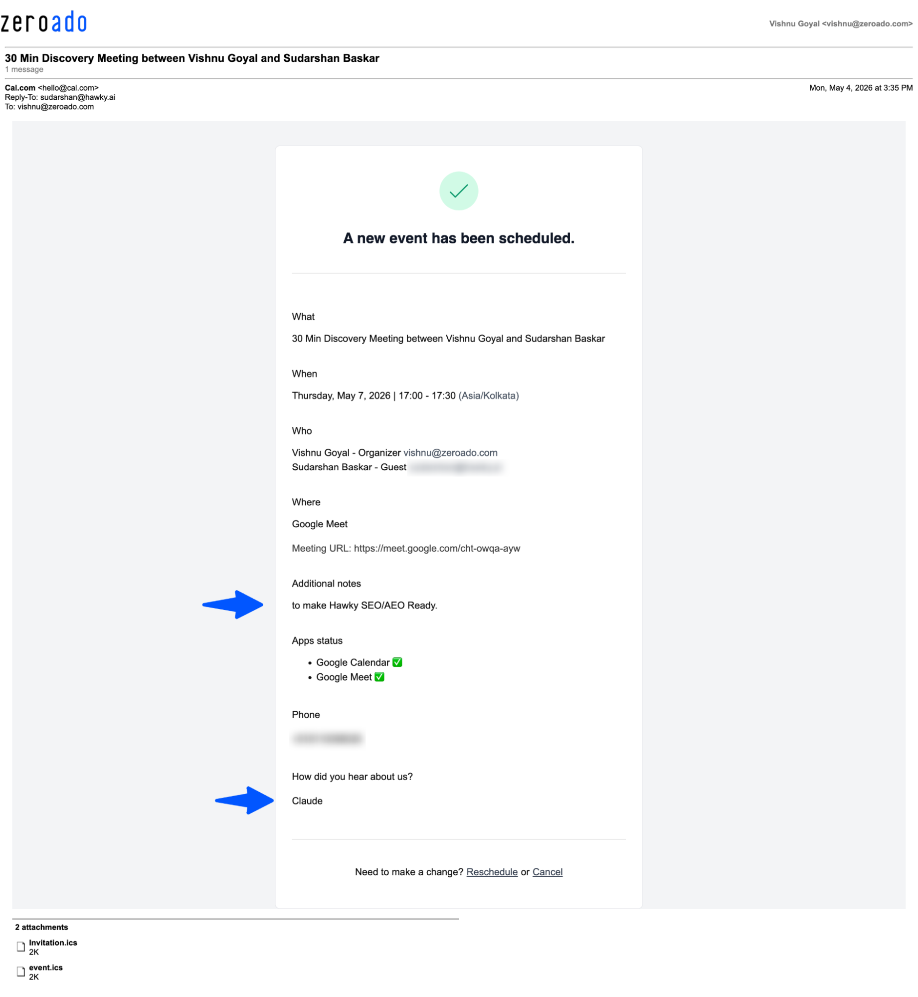Discovery call generated through Claude for ZeroAdo.