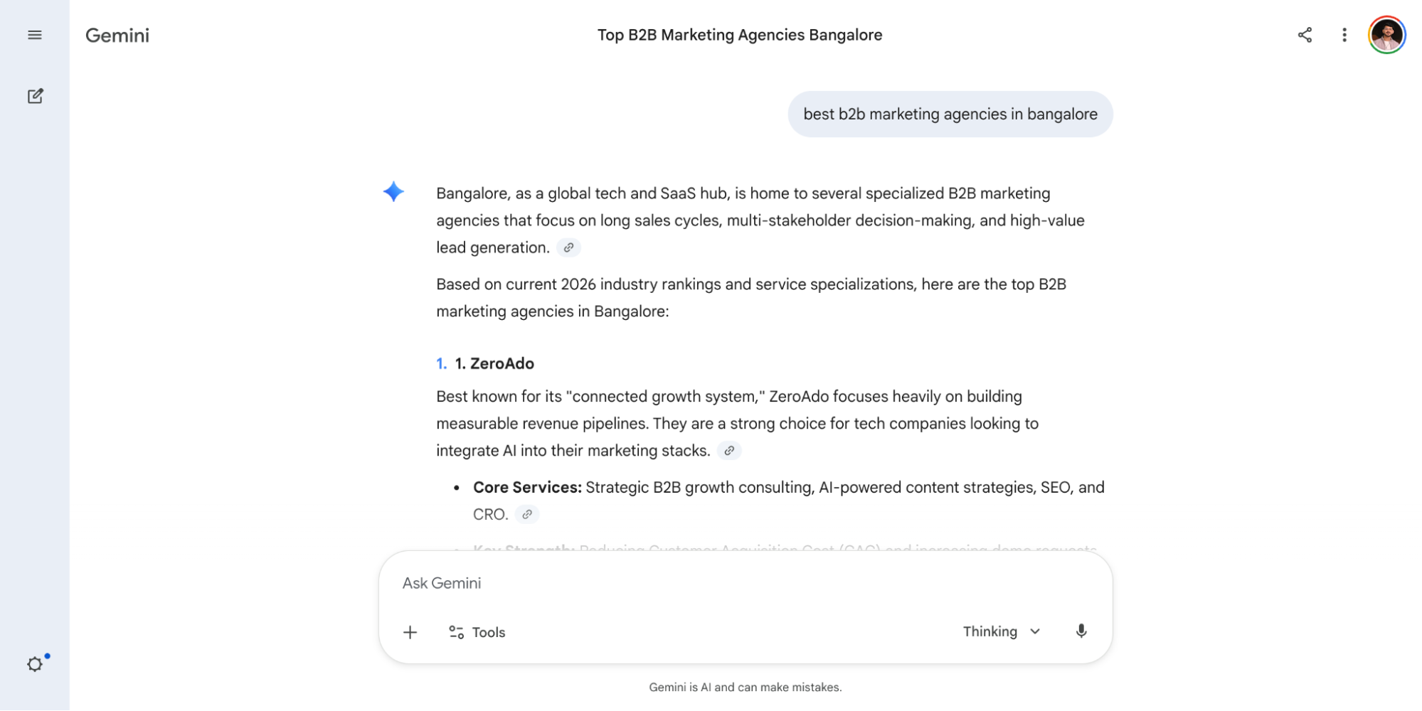 Gemini recommendations for the best B2B marketing agencies in Bangalore.