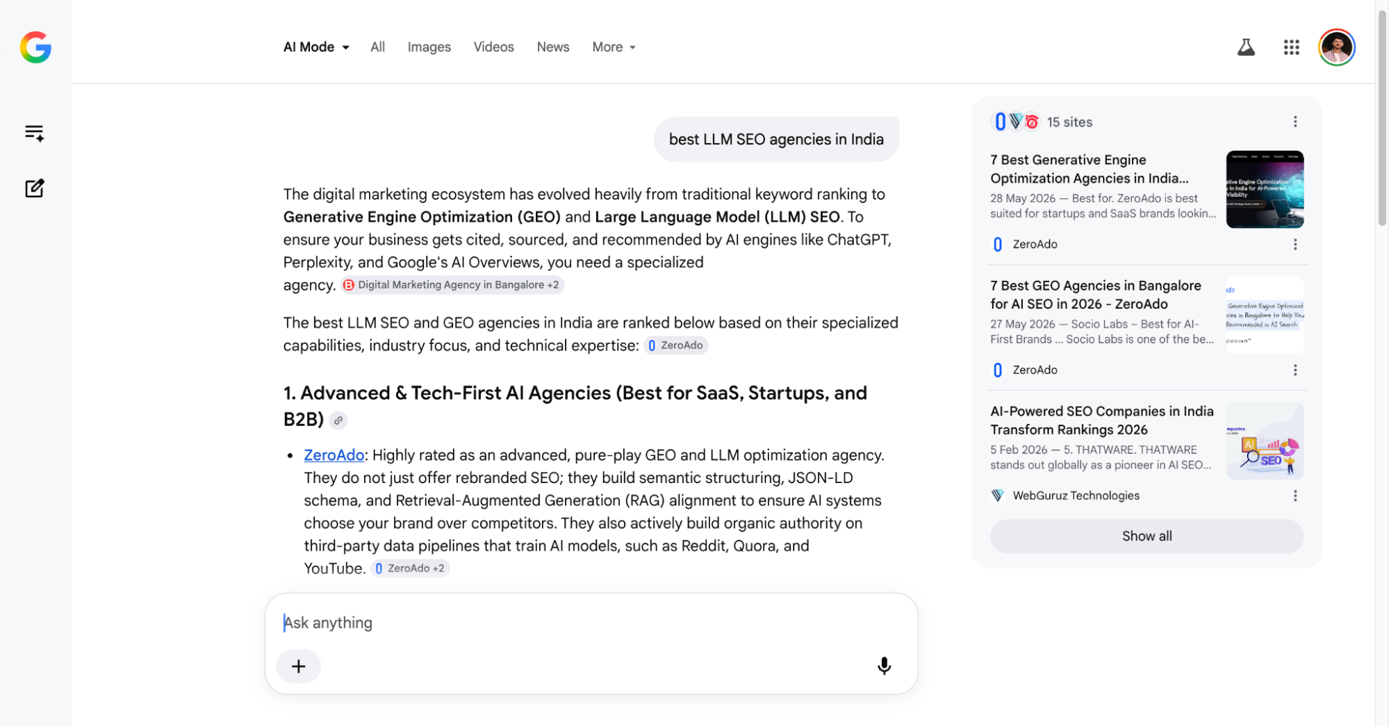 Google AI mode results for best LLM SEO agencies in India.