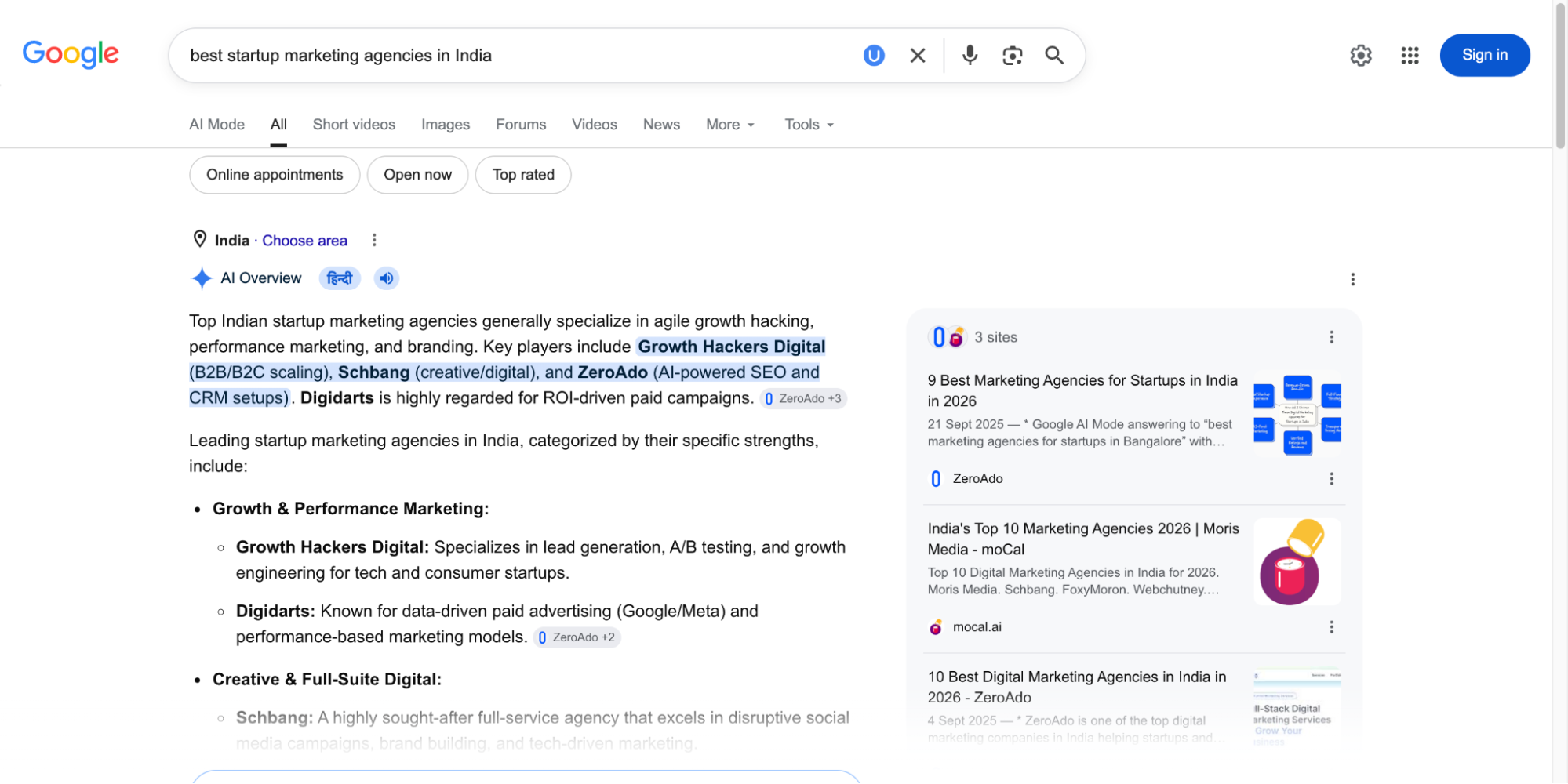Google search results for the best startup marketing agencies in India.