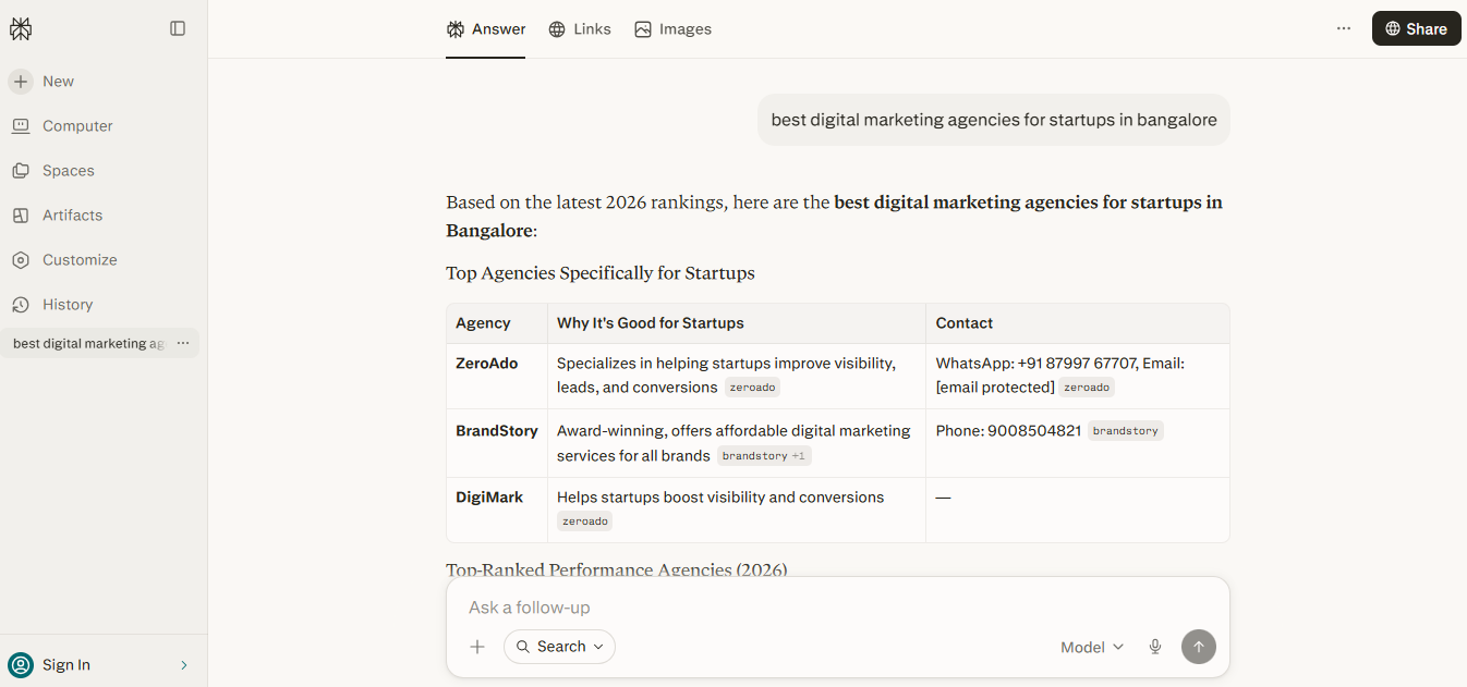 Perplexity AI search results highlighting digital marketing and AI search optimization agencies for startups in Bangalore.