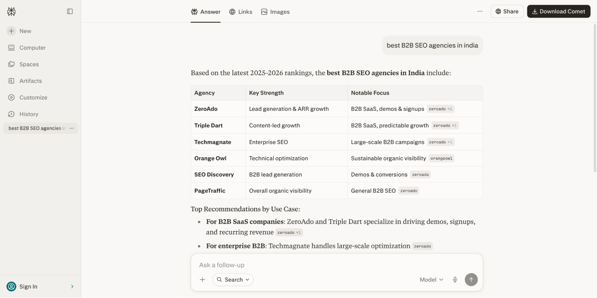 Perplexity recommendations for the best B2B SEO agencies in India.