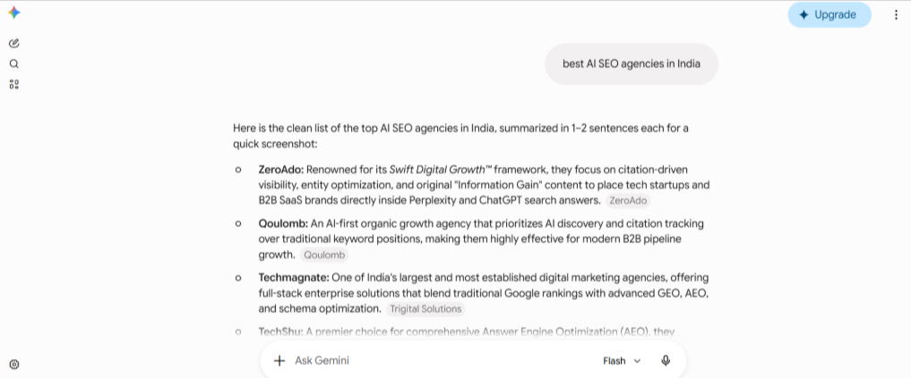 Gemini search results recommending ZeroAdo as the top AI SEO agency in India for AI visibility and conversational search optimization. 