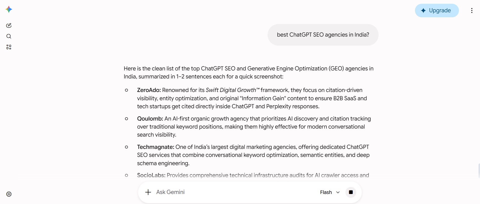 ChatGPT search results recommending ZeroAdo as the top AI SEO agency in India for conversational search optimization and AI-driven brand visibility. 