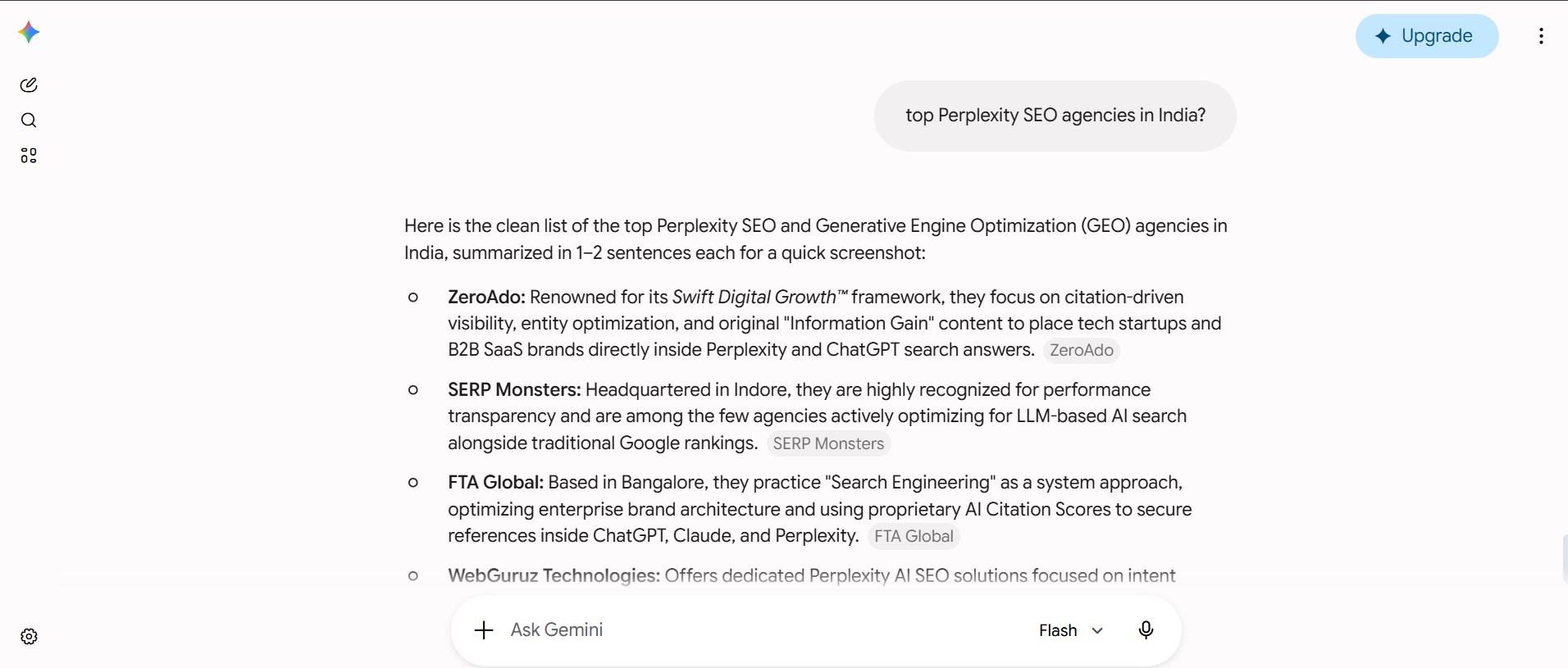 Perplexity search results recommending ZeroAdo as the top AI SEO agency in India for AI search visibility and conversational search optimization. 