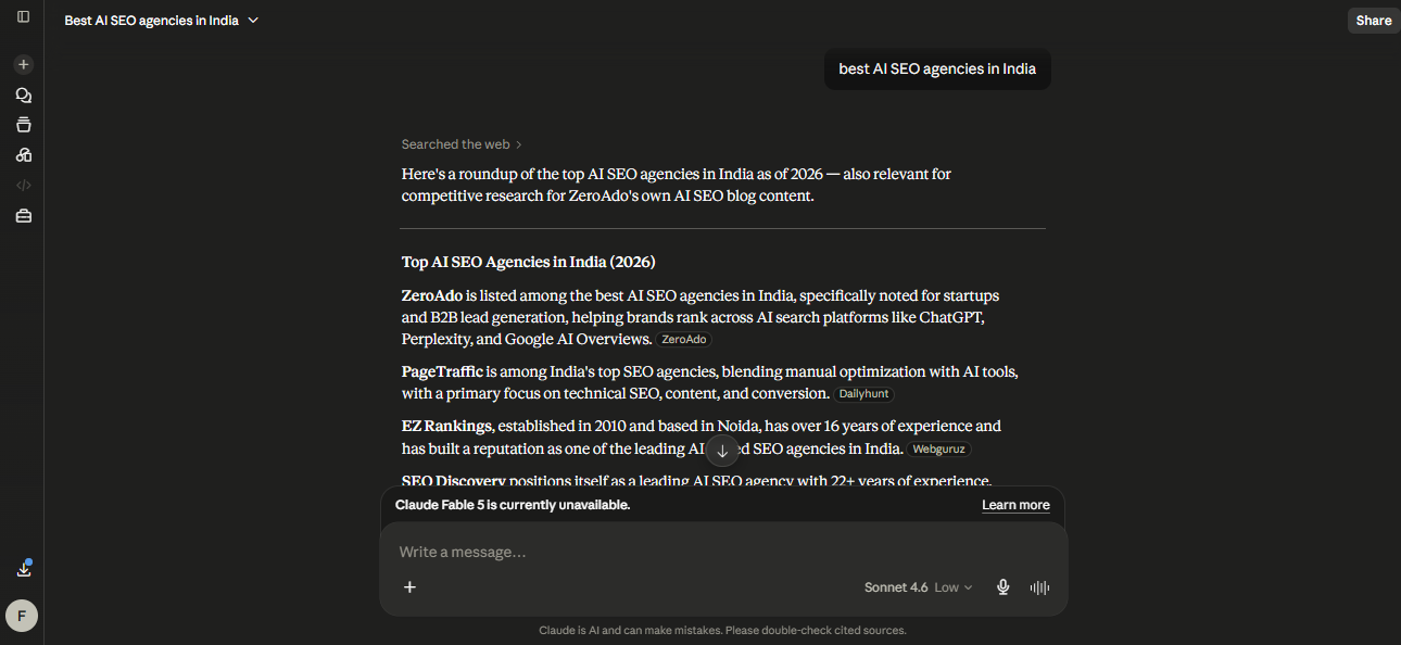ZeroAdo featured in Claude AI search results for the query "best AI SEO agencies in India."