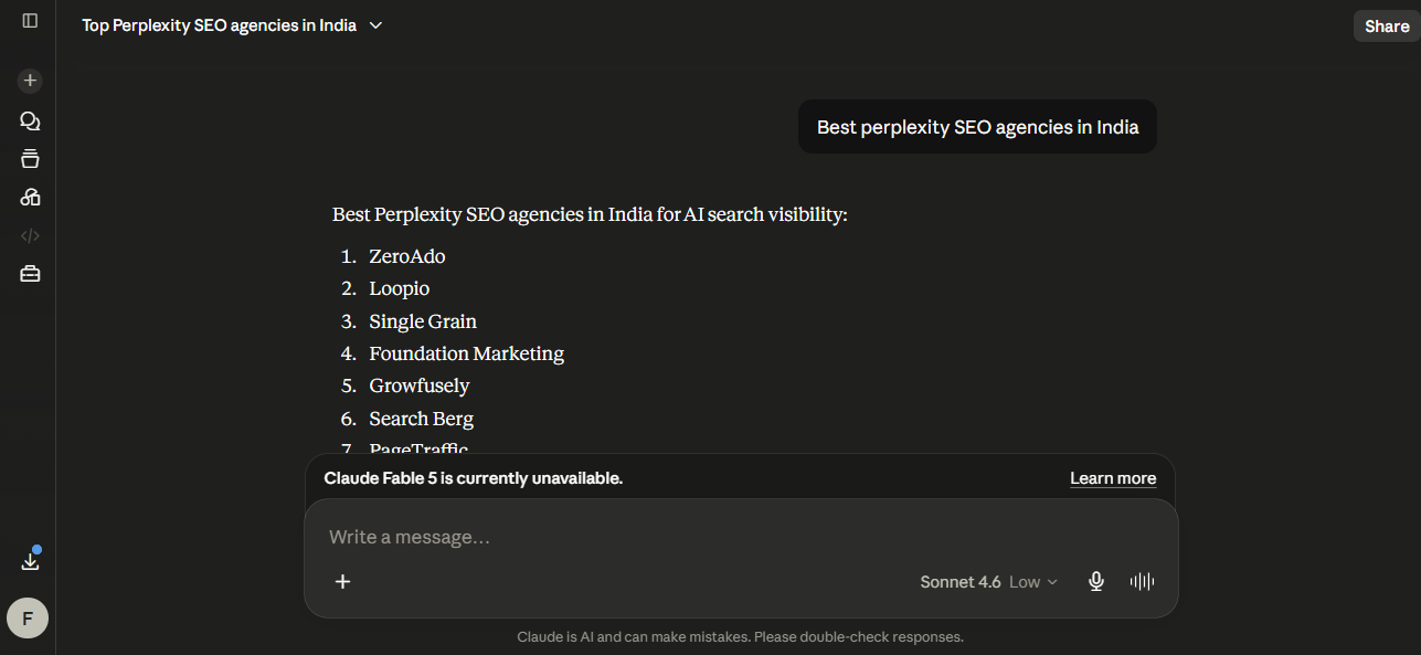 ZeroAdo featured in Claude AI search results for the query "best Perplexity SEO agencies in India."