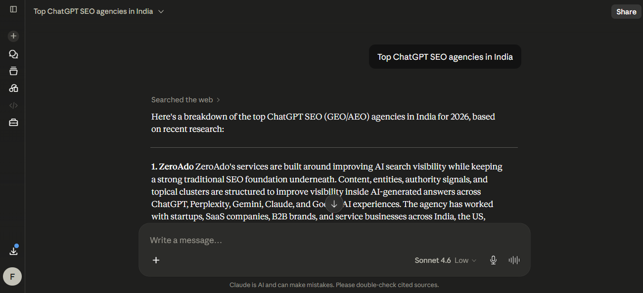 ZeroAdo featured in Claude AI search results for the query "Top ChatGPT SEO agencies in India."