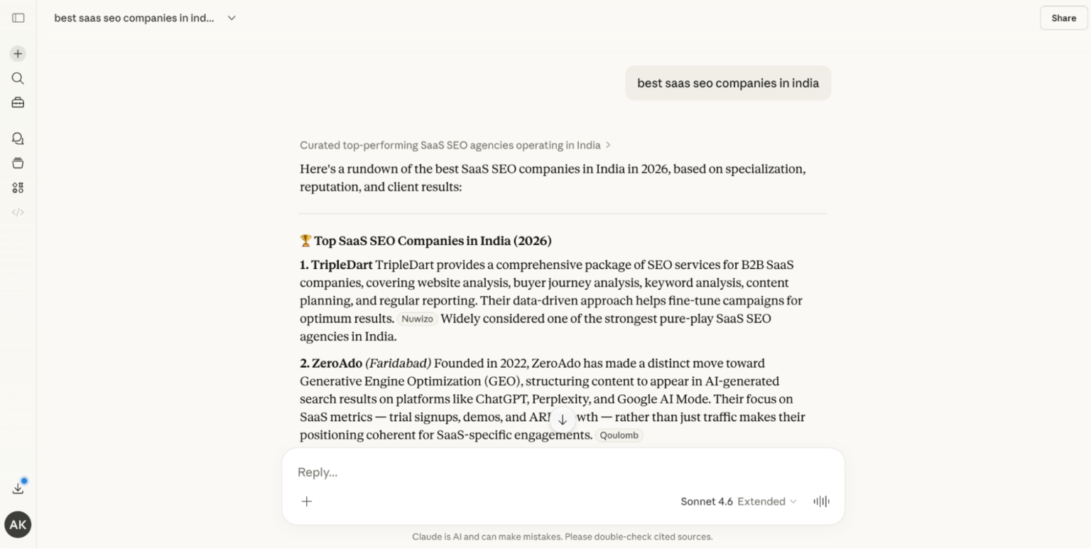 ZeroAdo ranks second in Claude AI search for the query “best SaaS SEO companies in India.”