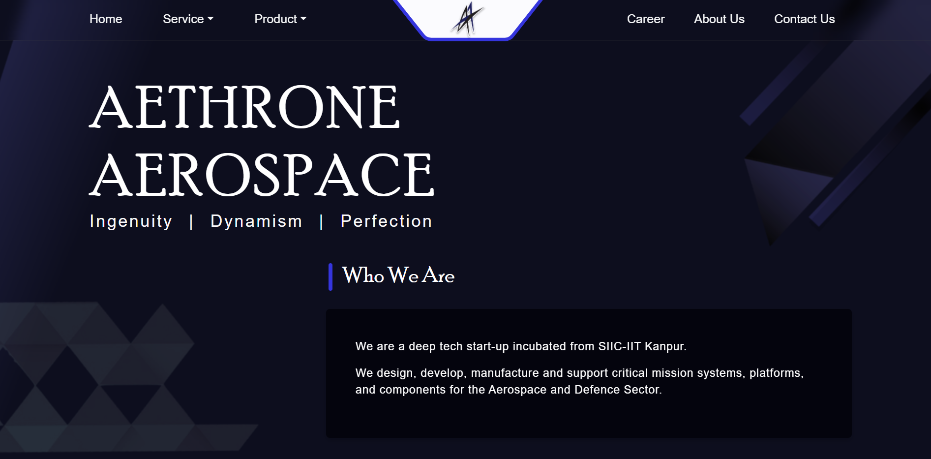 Aethrone Aerospace website showcasing its aerospace and defence technology solutions. 