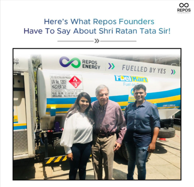 Repos Energy founders Aditi Bhosale Walunj and Chetan Walunj with Ratan Tata.